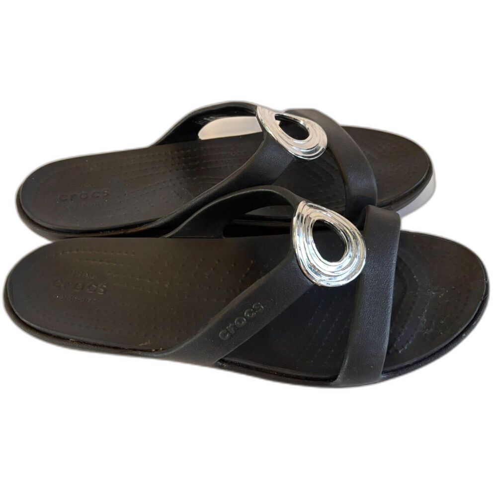 Crocs Sanrah Beveled Circle Sandals Black Silver Slide Size 10 - Picture 2 of 5